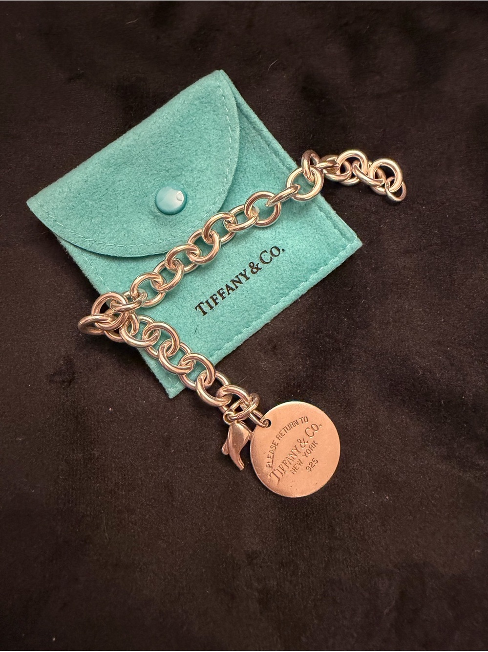 Tiffany & Co. Silver Charm Link Bracelet with Turquoise Pouch